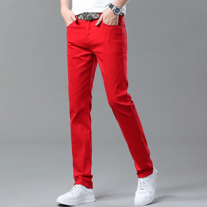Men's White Jeans Straight Elastic Cotton Denim Pants