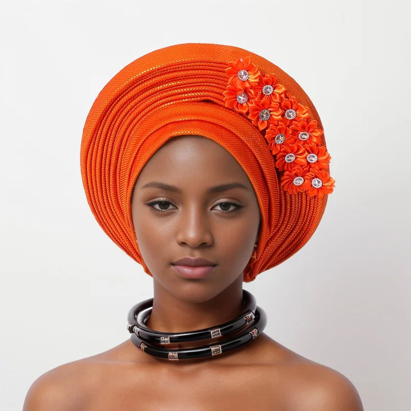 Red Multi-Layered, Turban Hat African Fan Shaped Head Wraps ,Pleated Headwear With Crystal.
