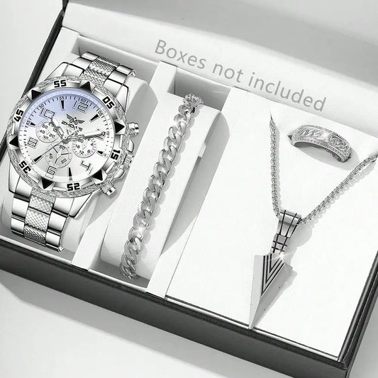 4PCS Silver Men's Fashion Casual Quartz Watch Bracelet Necklace Ring Set.