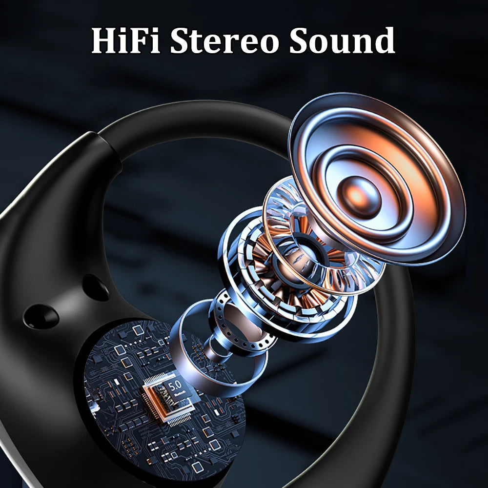 Bluetooth 5.4 Ear Hook Headphones, HiFi Stereo, Waterproof Headsets, LED Display.