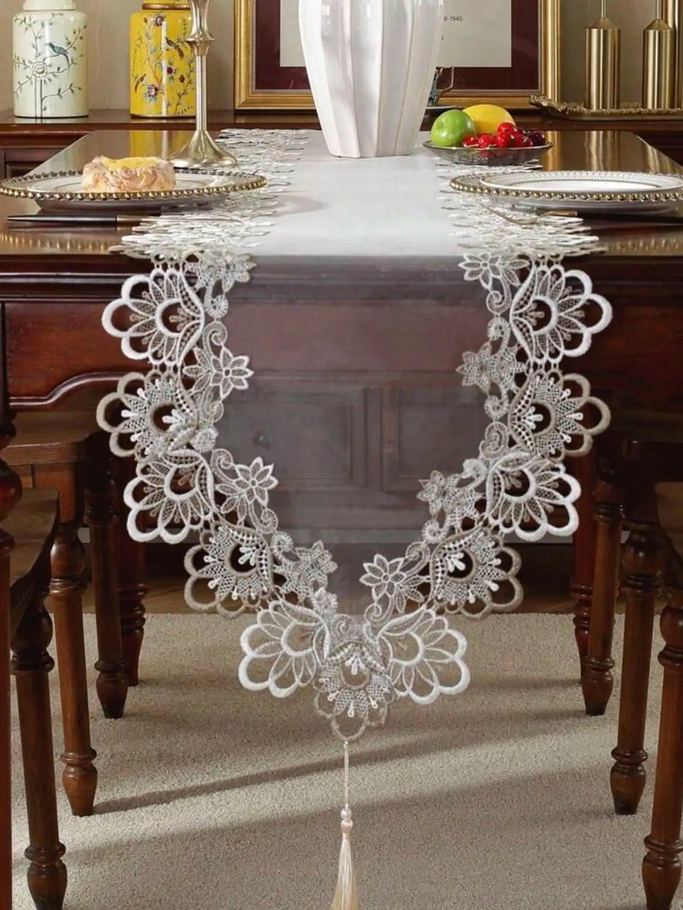 1 Piece of Mesh Lace Embroidered Table Runner, French Simple Polyester Fiber with Pendant, Suitable for Dining Table, Coffee Table, Chest of Drawers, and Shoe Cabinet.