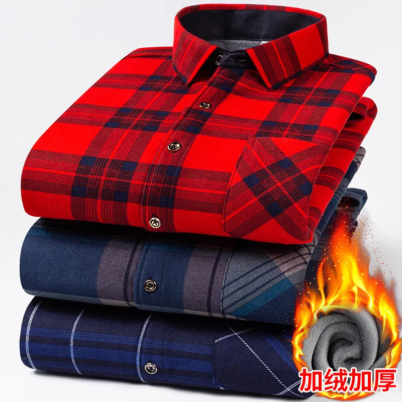 Men Travel, Casual ,Winter, Double-Sided Fleece, Warm Thickened Plaid Work Shirt.