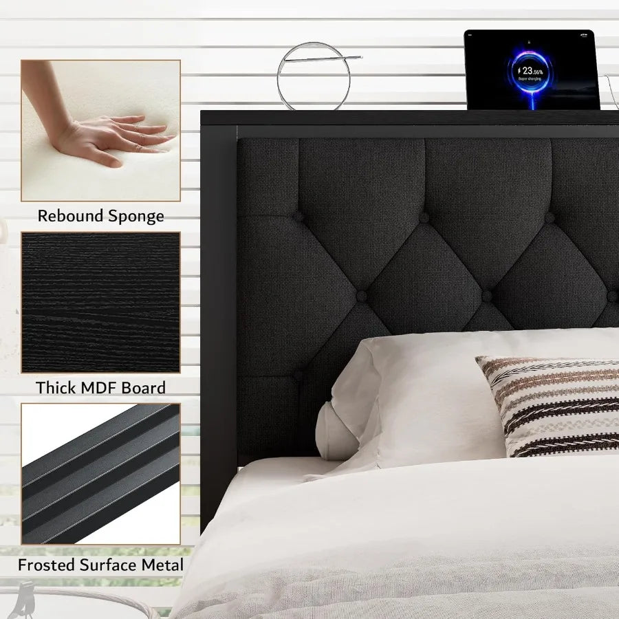 Full Bed Frame with 2 Storage Drawers Upholstered Headboard  Charging Station No Box Spring Needed Metal