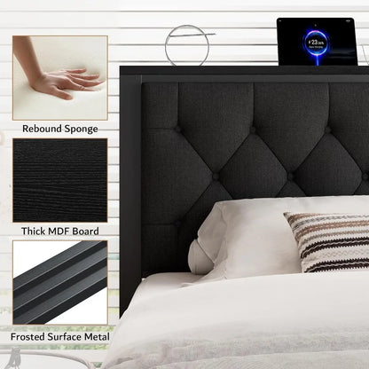 Full Bed Frame with 2 Storage Drawers Upholstered Headboard  Charging Station No Box Spring Needed Metal