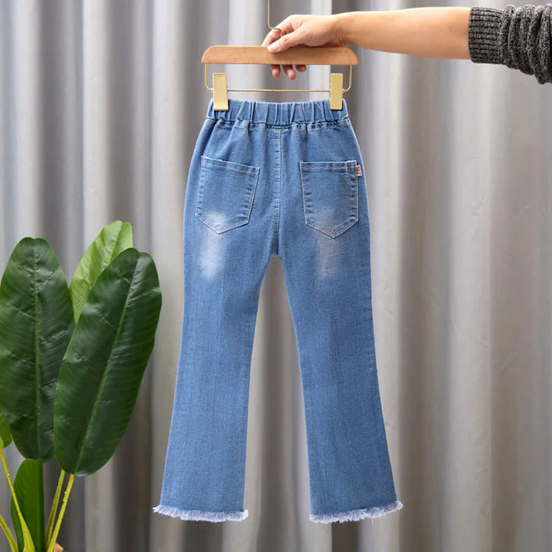 2024 New Autumn Elastic Kids Jeans, Girls Cute Leisure Bow Denim Children Flared Pants.