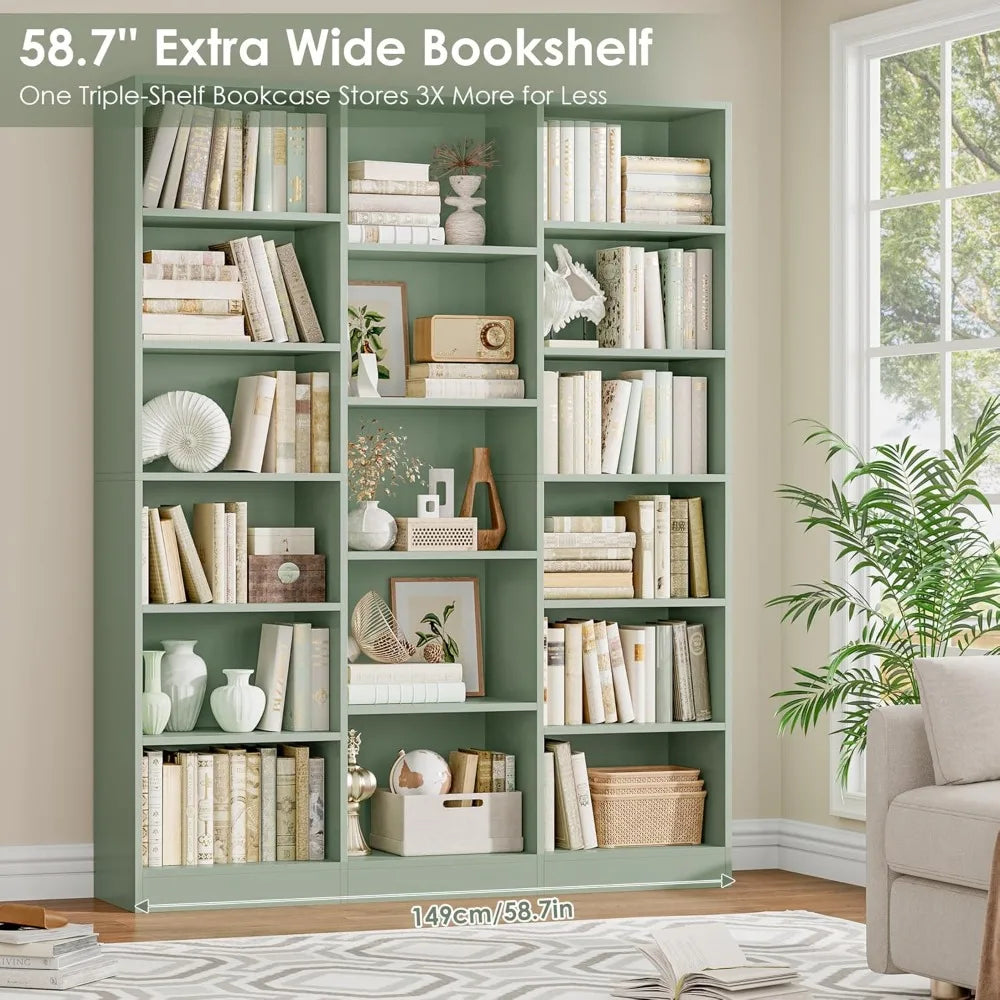 Triple Wide Six Tier Bookshelf 74 Inches Tall Seventeen Open Display Shelves for Living Room Office Library