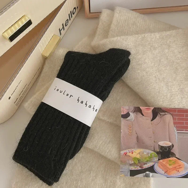 Thick Warm Women's Cashmere Wool Socks Solid Color Long Sox for Ladies