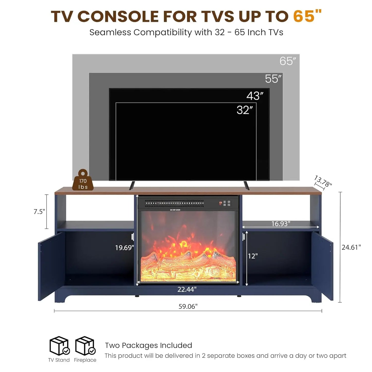 Fireplace TV Stand for Living Room, Farmhouse Entertainment Center with 23" Electric Fireplace for TVs UP to 65",, Customized.