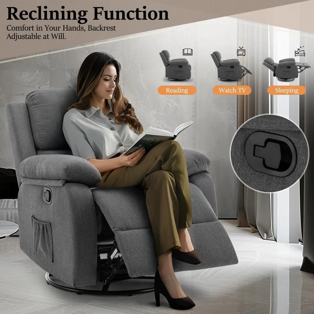 360 Swivel Rocker Recliner Chair for Adults, Glider with Side Pockets.