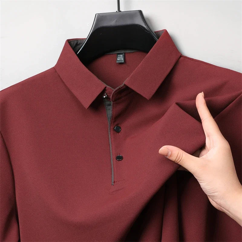 New Men Business Casual Long Sleeve Solid Color Polo Shirt, Fashionable Warm Comfortable Four Seasons.