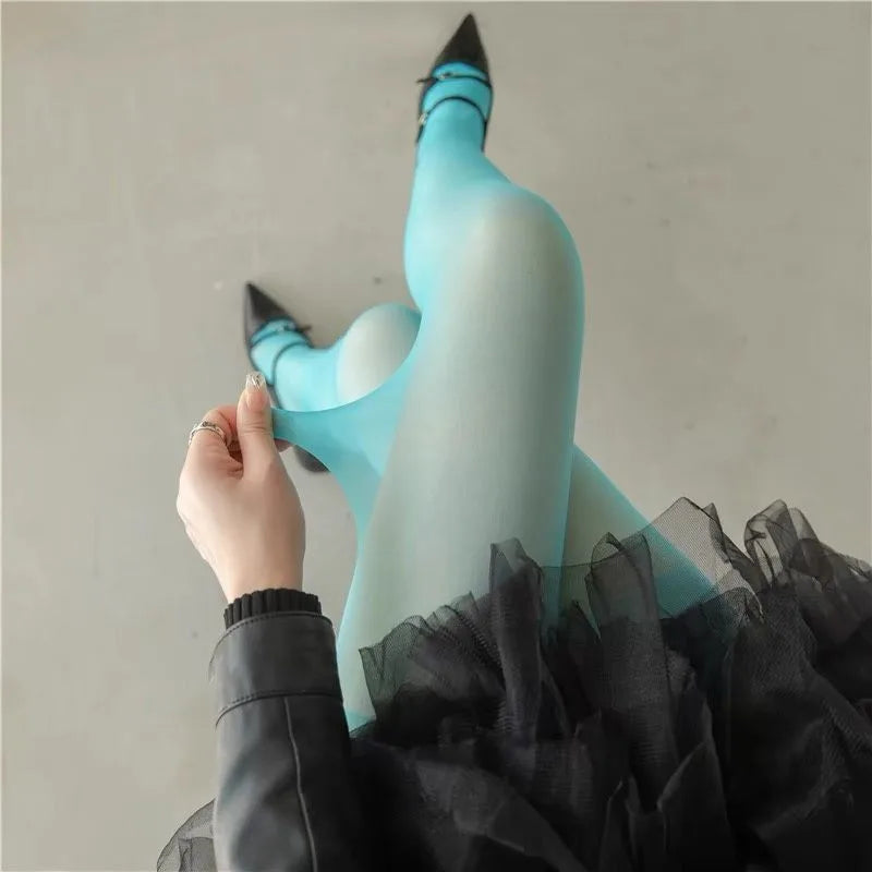 Women Sexy Transparent Stockings Ladies White Green, Breathable Nylon Elastic Tights, Y2k Dopamine Multicolor Stretchy Pantyhose.