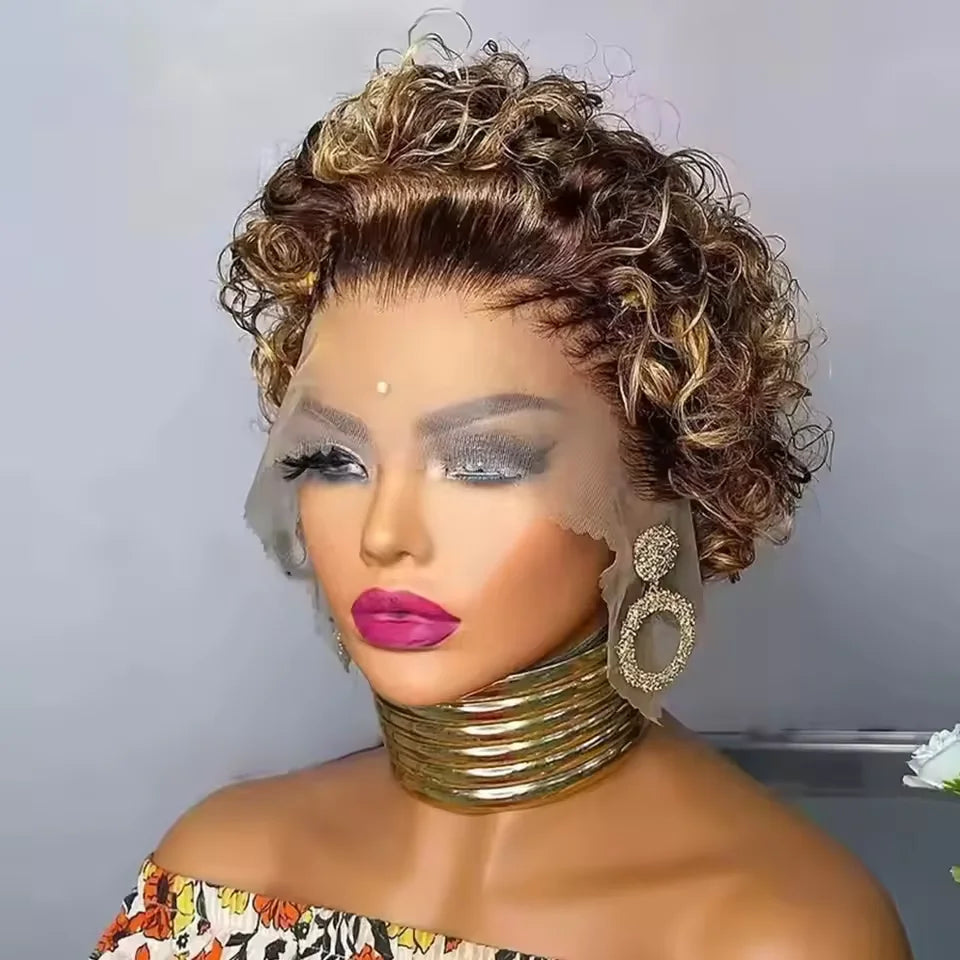 Short Pixie Cut Wig Curly Bob Lace Front Human Hair  200Density 13X1 Lace  Brazilian Wig