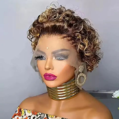 Short Pixie Cut Wig Curly Bob Lace Front Human Hair  200Density 13X1 Lace  Brazilian Wig