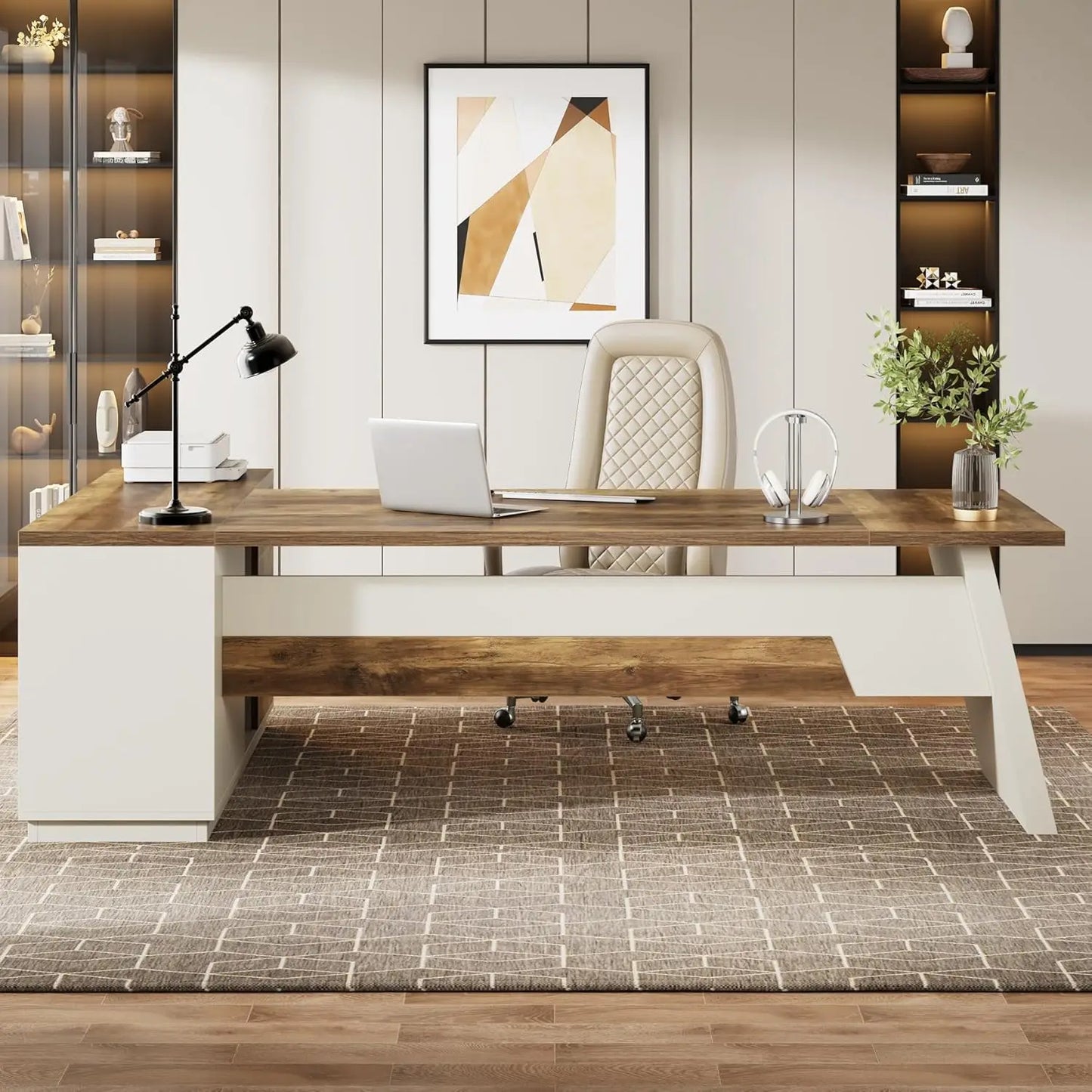 L-Shaped Executive Desk with  Drawers and Lateral File Cabinet,