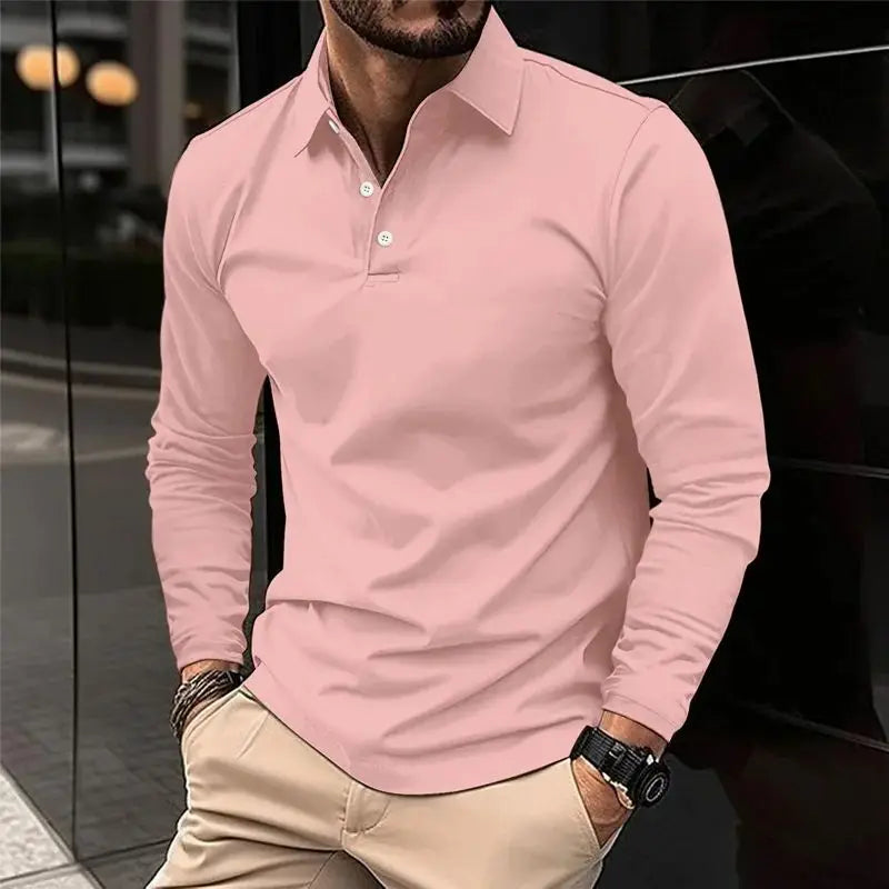 Men Solid Color Long Sleeved Polo Shirt, Spring and Autumn New Product Simple Exquisite Loose and Casual Men Tops.