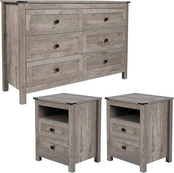 3 Pieces Bedroom Furniture Set, Rustic Wood 6 Drawer Dresser and Nightstands, Chest of Drawers.