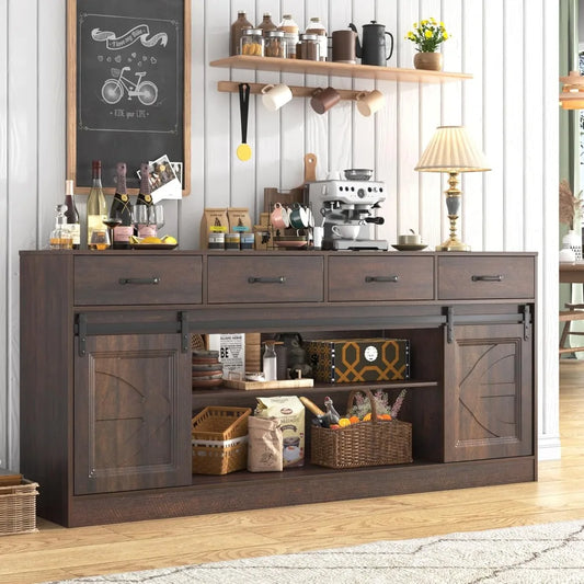 Aparador rústico de 70" con 4 cajones, puertas correderas, almacenamiento para sala de estar, cocina, marrón.