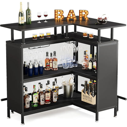 L-Shaped Bar Table with Stemware Racks and 2-Tier Shelves with footrest