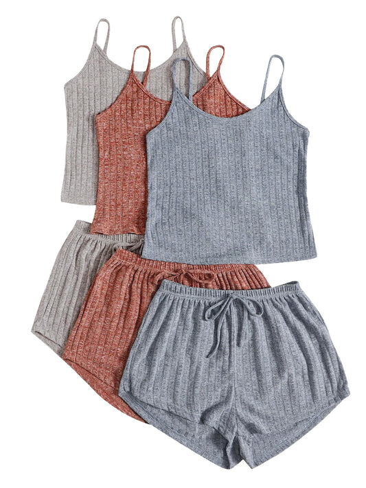 6-Piece Set of Women Pajama Sets, Simple, Casual, Loose, Cute, Solid Color Two-Piece Set.