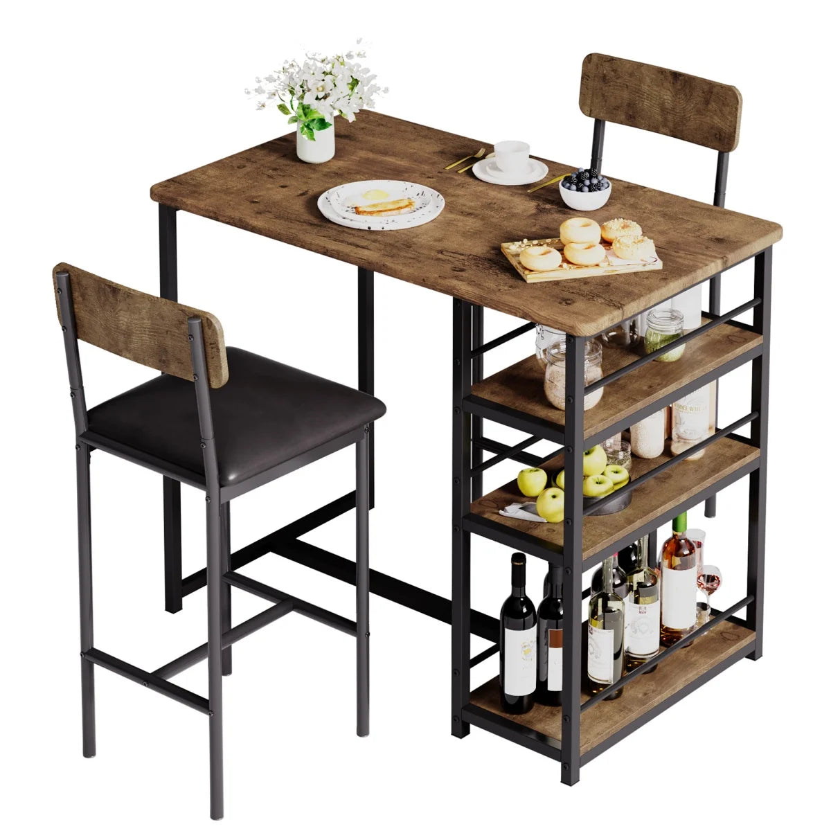 2-Person Dining Table Set, Bar Table with 2 Upholstered Chairs, & 3 Storage Shelves, Small Space Kitchen Table for Apartment.