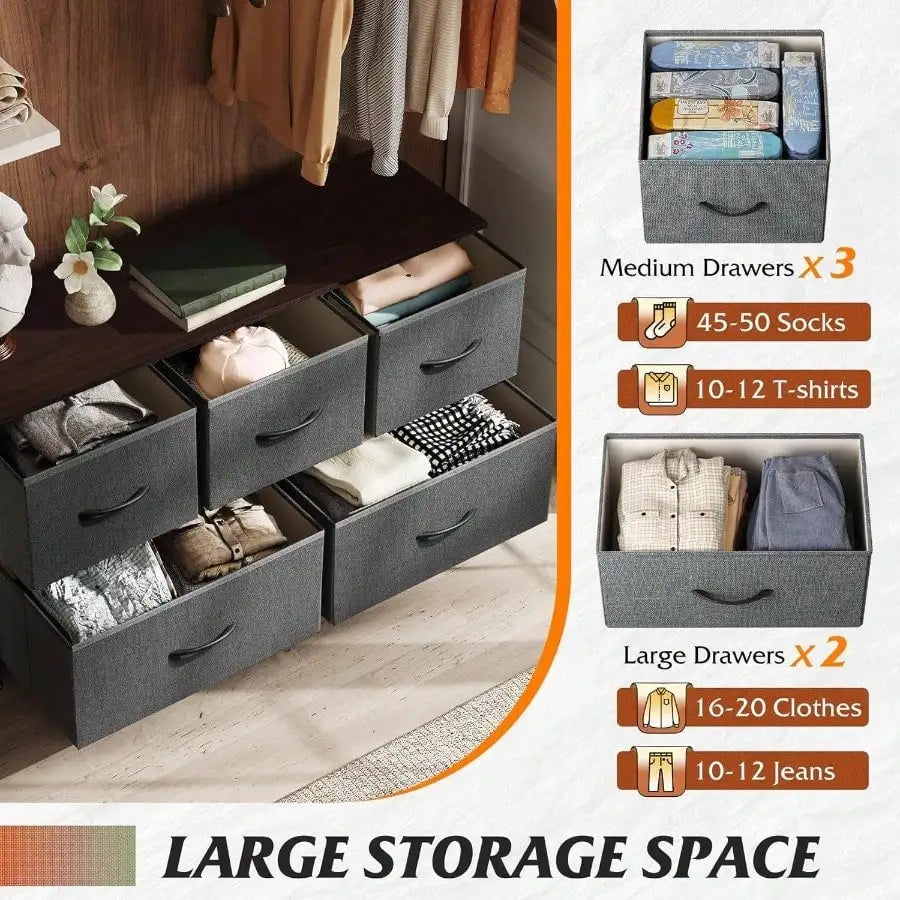 5-Drawer Fabric Dresser – Wide Storage Organizer with Bins for Bedroom.