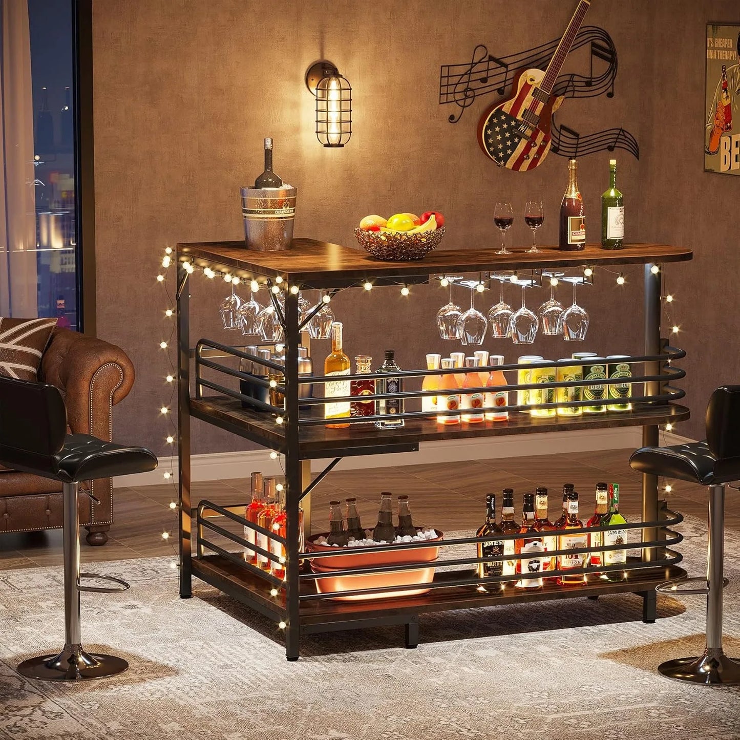 L-Shaped Home Bar Unit, 3 Tier Liquor Bar Table with Storage and Wine Glasses Holder