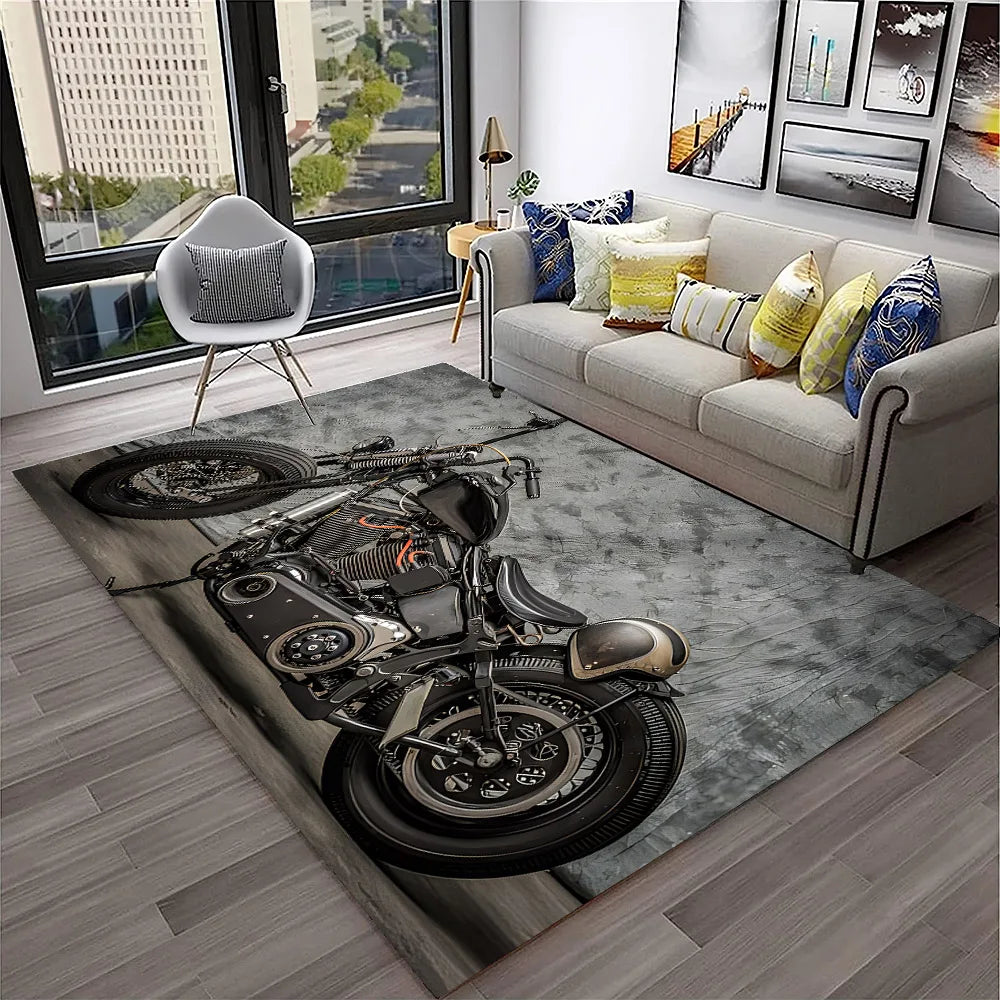3D Retro Motorcycle Vintage  Rug for Living Room, Bedroom, Playroom Kid Area Rug Non-slip
