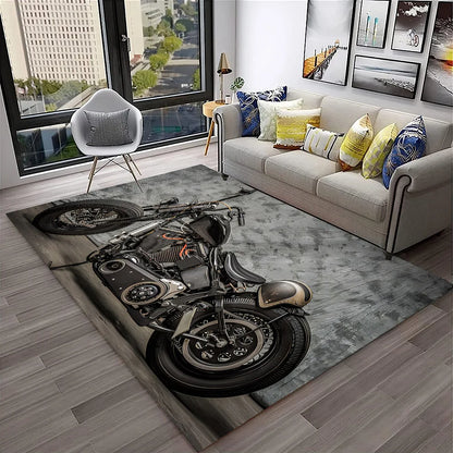 3D Retro Motorcycle Vintage  Rug for Living Room, Bedroom, Playroom Kid Area Rug Non-slip