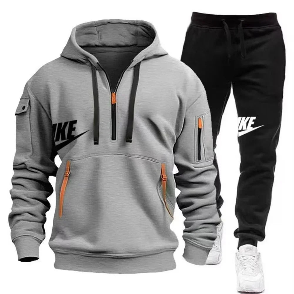 2025 New men's autumn and winter zipper hoodie + trousers casual sportswear.