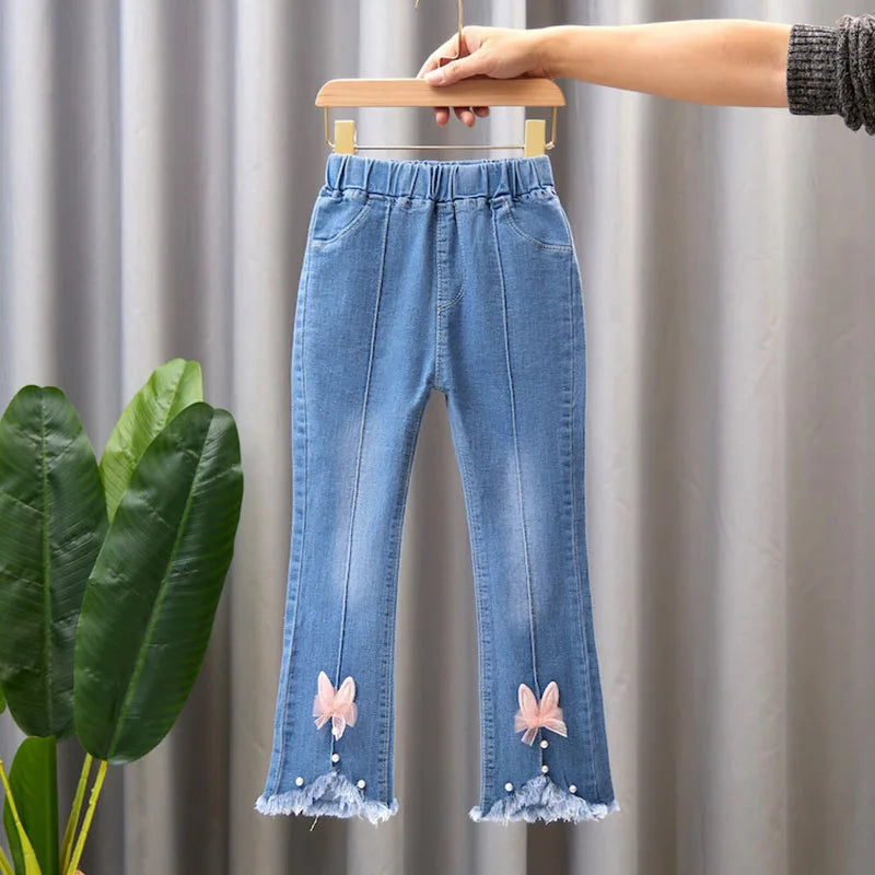 2024 New Autumn Elastic Kids Jeans, Girls Cute Leisure Bow Denim Children Flared Pants.
