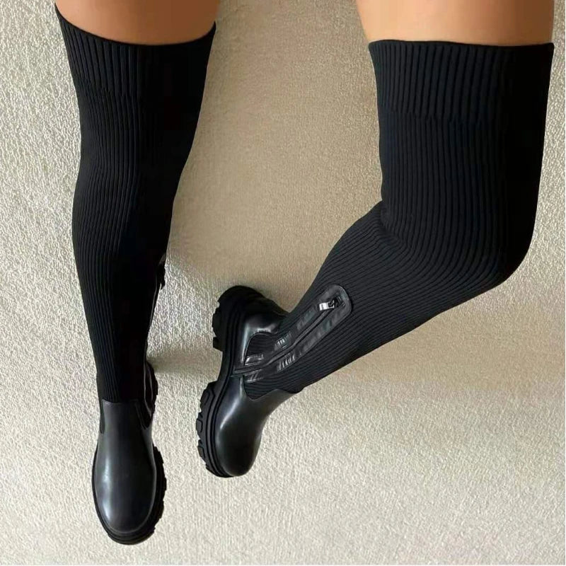 Women Thick Sole Boots, 2024 Autumn Winter Breathable Thigh High Shoes.