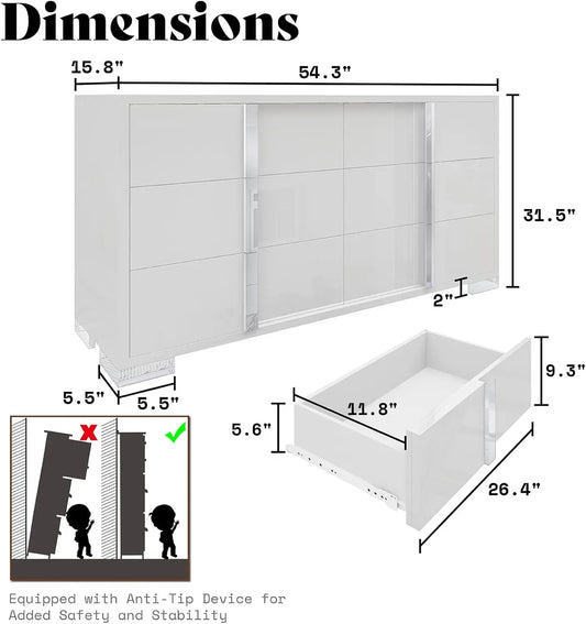 Modern Storage Chest of Drawers with Wide Tabletop, 54" W High Gloss 6 Drawers Dresser with Silver Grooved Handles.