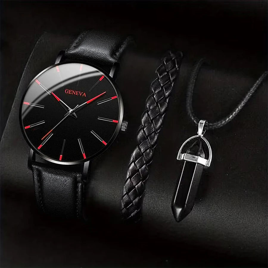 3PCS/Set Men Business Watches  Leather Band Analog Male's Quartz Watch Necklace Bracelet Set.