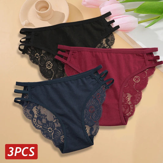 3PC/Set Women Sexy Floral Lace Panties, Low Rise Hollow Out Briefs, Transparent Female Elastic Straps Soft Lingerie.