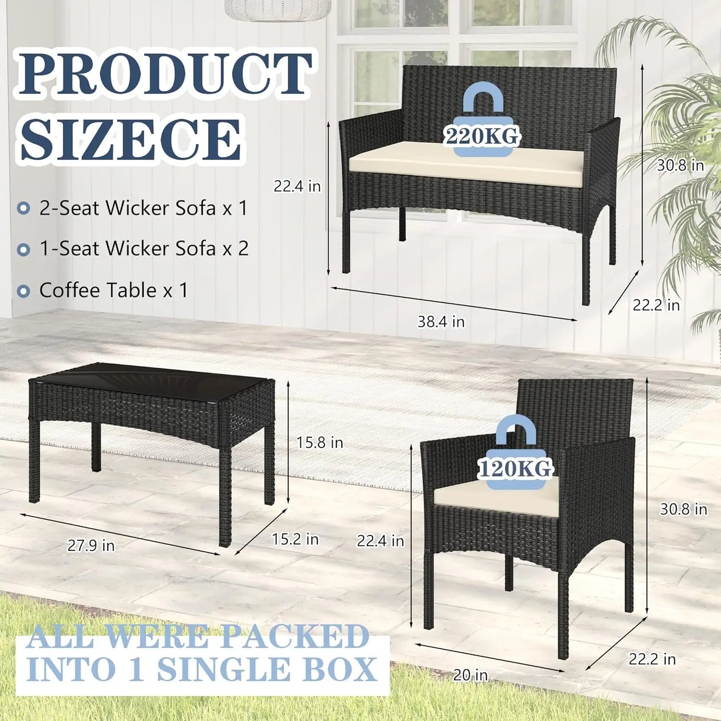 4 Pieces Patio Furniture Set, Outdoor Wicker Rattan Patio Conversation Furniture Set.