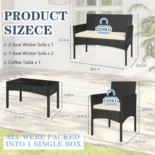 4 Pieces Patio Furniture Set, Outdoor Wicker Rattan Patio Conversation Furniture Set.