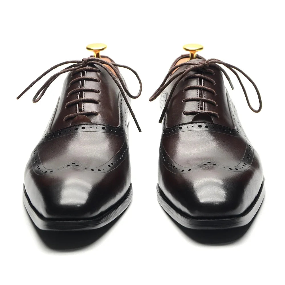 Men Wingtip Oxford Dress Shoes, Genuine Leather Brogue, Dark Brown Lace-up Pointy Toe, Business, Office, Wedding, Formal Shoes.