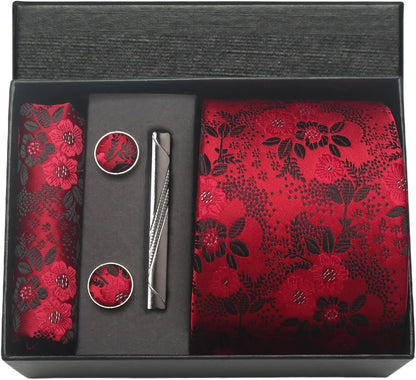 100% Silk Necktie Paisley Floral Men Business Tie, Pocket Square ,Tie Clip ,Cufflinks Set  Gift Box.