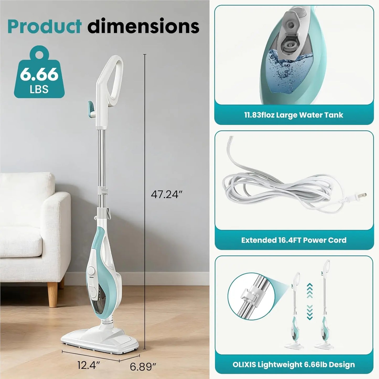 Steam Mop Cleaner, 1550W Detachable Handheld for Floors, Carpet, Tile, Windows - 16.4FT Cord & Washable Pads.