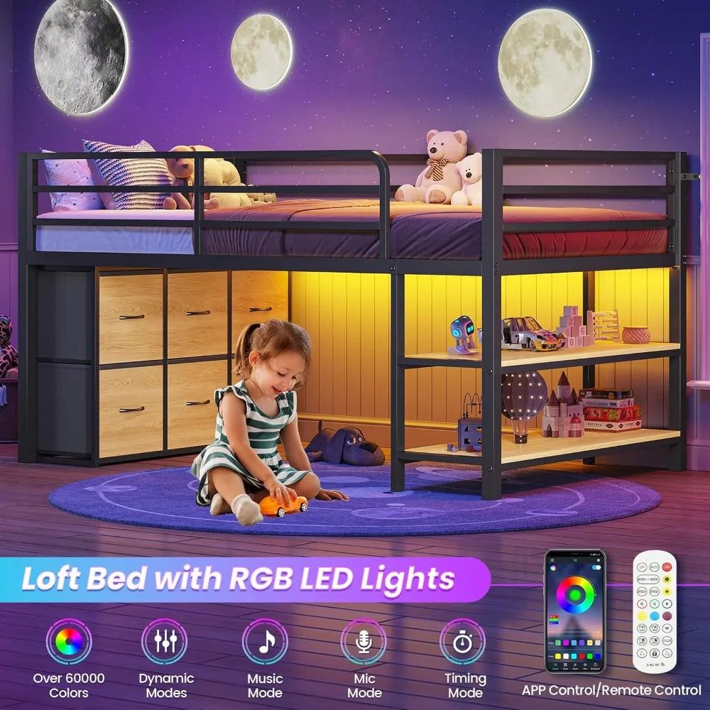 Twin Size Low Loft Bed with 6 Drawers, LED Lighting, 2-Tier Shelves, and 15-Step Safety Ladder for Kids