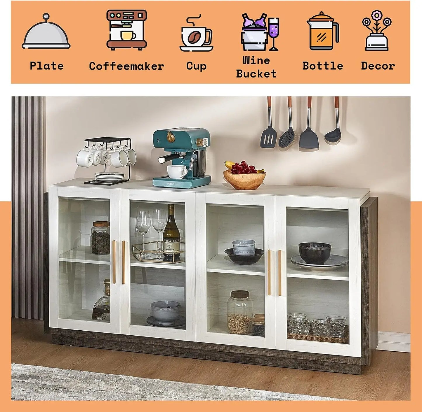 Sideboard Buffet Cabinet, Mixed Color Accent Cabinet.