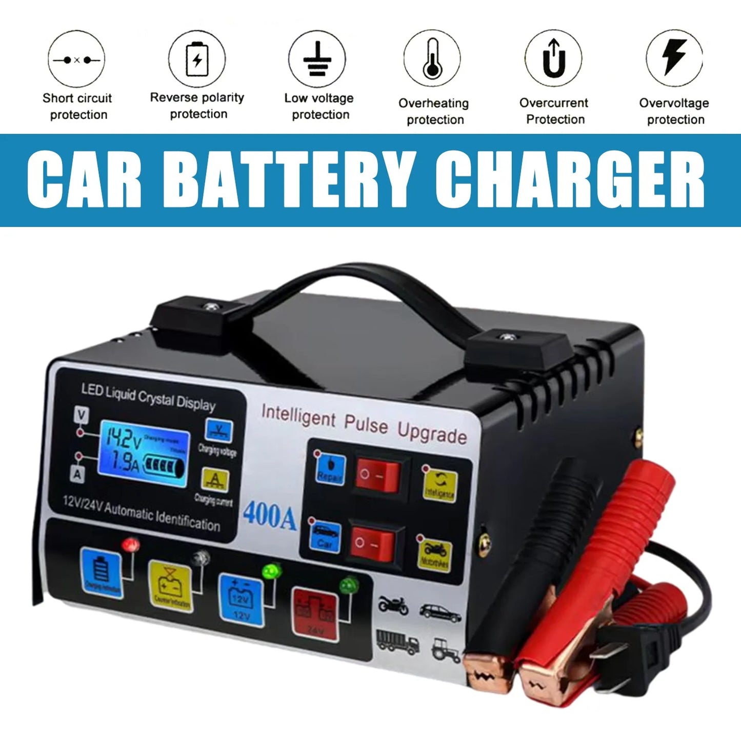 Metal Car Battery Charger 12V24V 220W Full Automatic Car Battery Charger High Power Fast Charger.