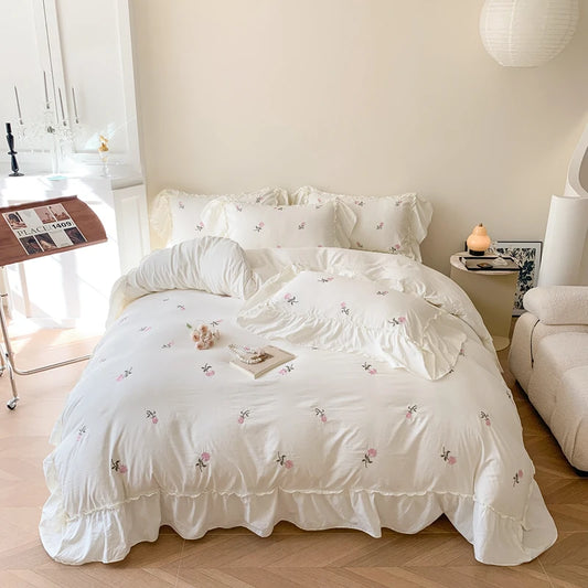 3pcs Rose Embroidered Duvet Cover Set ,(1*Duvet Cover + 2*Pillowcase, Without Core), Princess Style Lace Bedding Set.