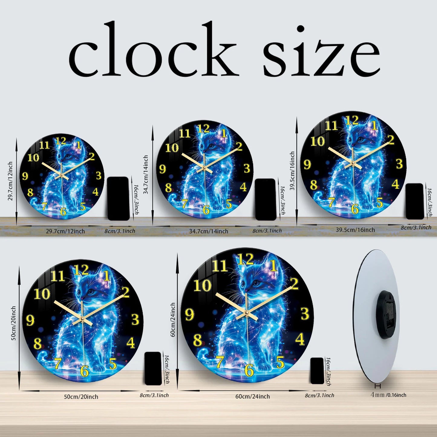 A Unique Neon Cat Tempered Glass Wall Clock, 12-24inch Round Cat-Themed Silent Clocks Powered by Batteries.(Battery not included)