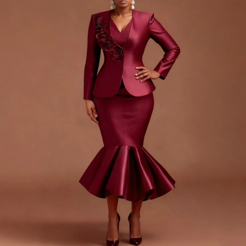 Women Shiny Two Pieces Set Office Ladies Blazer Coats 3D Flowers Inner Tank Dresses Mermaid Work Wear Autumn Fashion Business