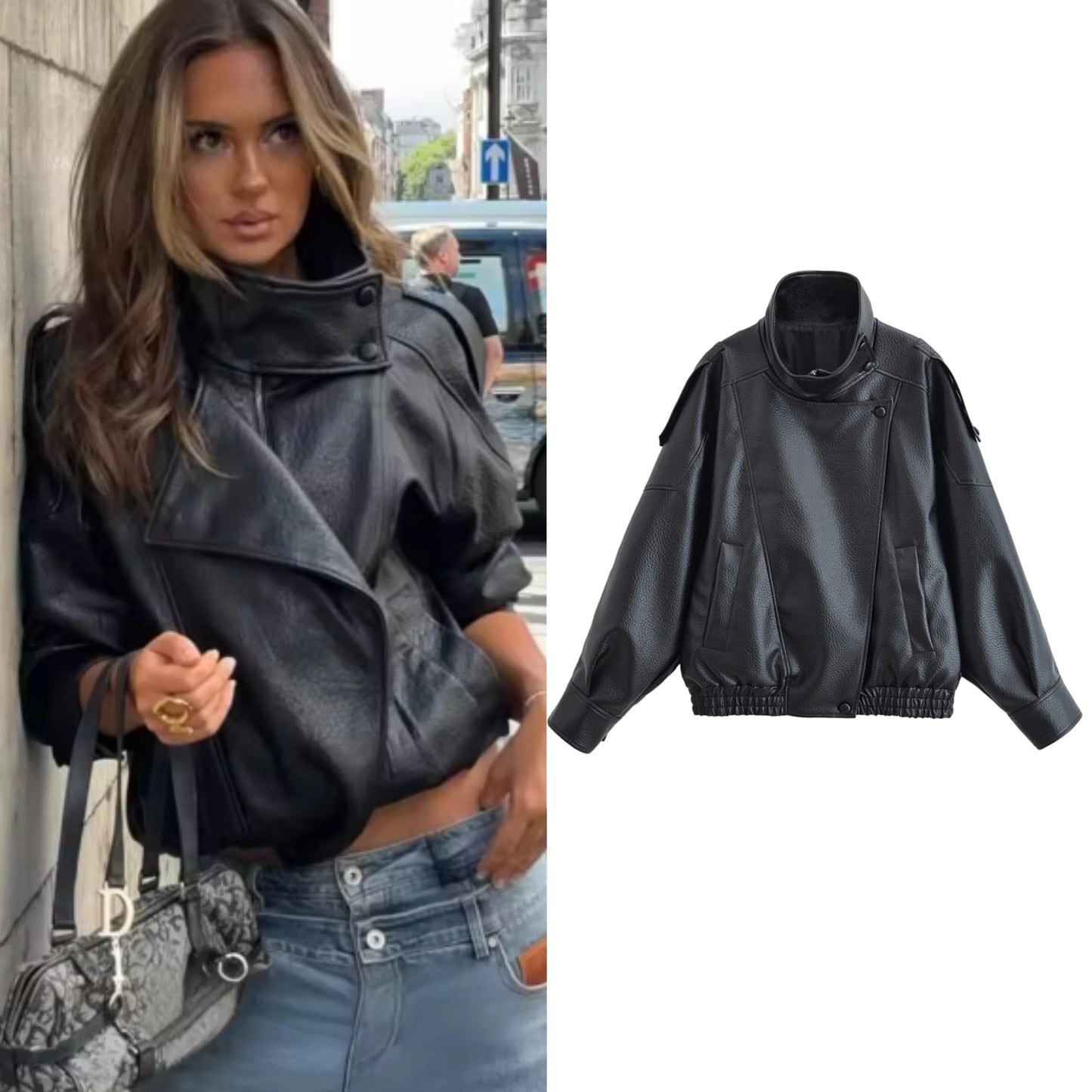 Women Fall 2025 New Black Long Sleeve Pebble Faux Leather Jacket.