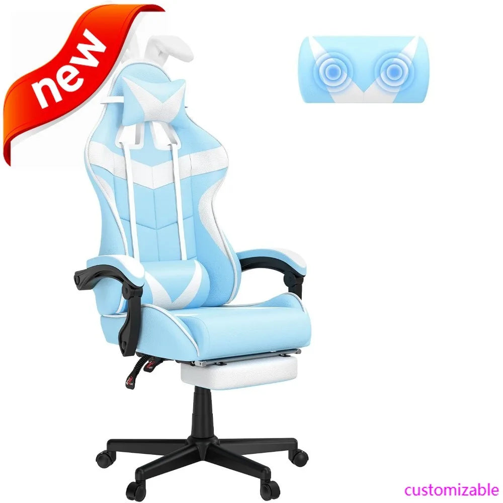 Light Blue Gaming Chair With Footrest