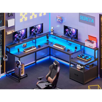 L Shaped Gaming Desk  with File Drawer Power Outlet Computer Desk  Led Lights