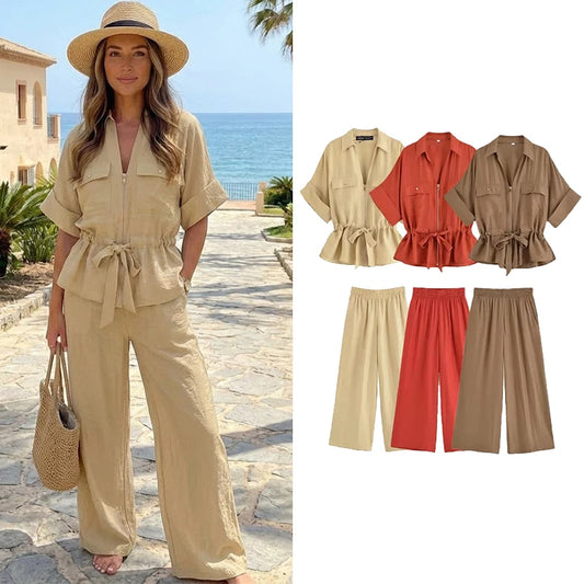 Women Fashion 2 Piece Set Solid Front Zipper Shirts & Vintage High Elastic Waist Trousers Female.