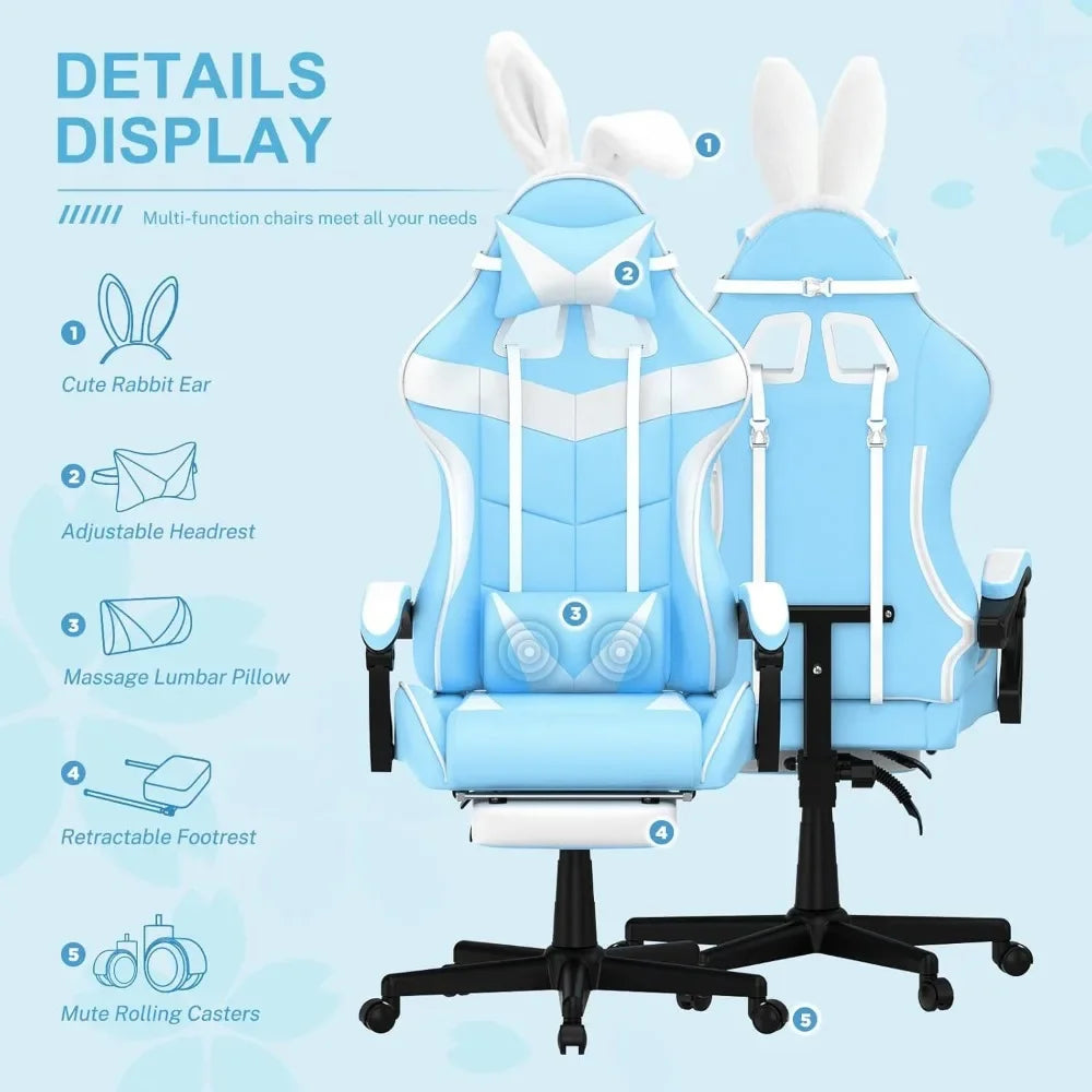 Light Blue Gaming Chair With Footrest